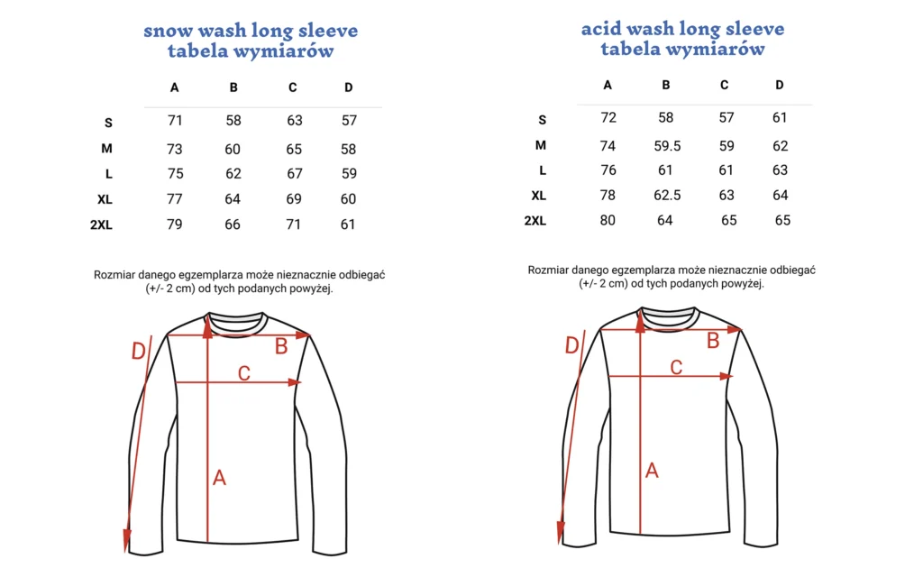 long sleeves tabelra rozmiarow