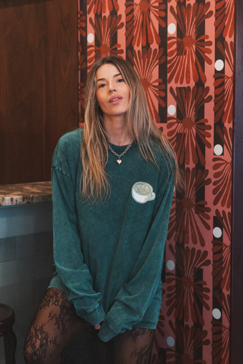 hot girls drink matcha acid wash longsleeve