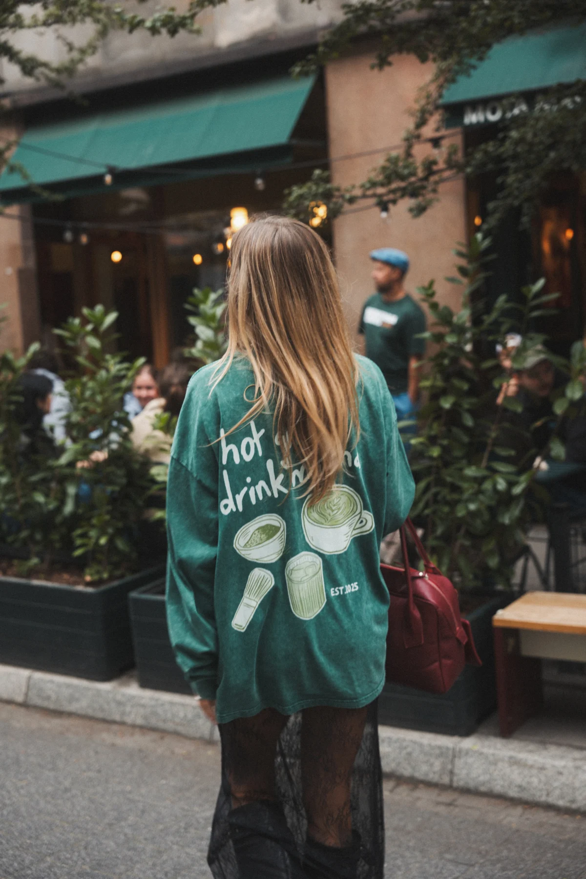 hot girls drink matcha acid wash longsleeve