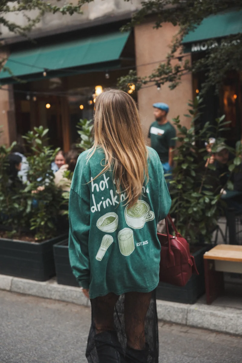 hot girls drink matcha acid wash longsleeve